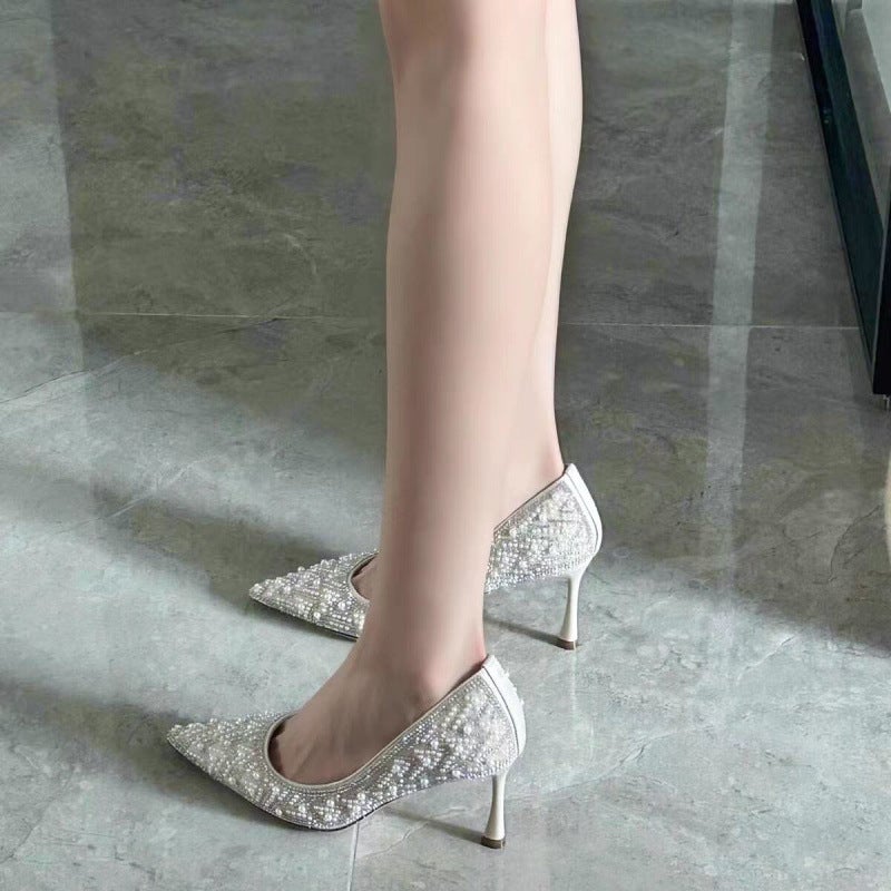 أحذية زفاف فرنسية للعروس 2025 كريستال لؤلؤ كعب عالي جديدة أنيقة فستان زفاف أحذية مدببة للعروس وصيفات العروس - Image 3